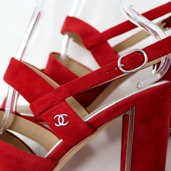 CHANEL 38 Red Suede Multi Strap CC Sandal High Heel Silver Logo & Trim - Picture 9 of 15